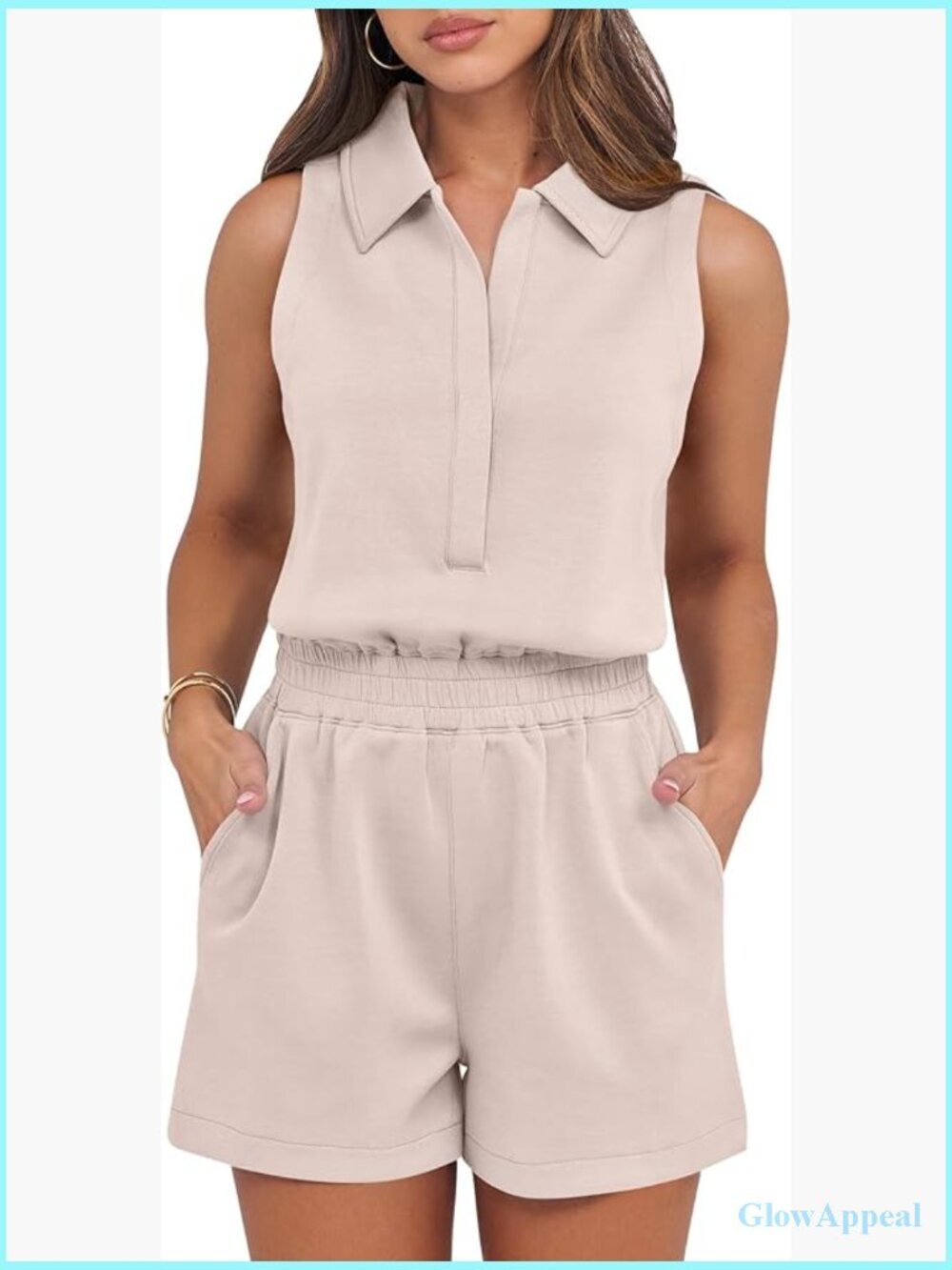 Sleeveless V Neck Short Jumpsuit with Pockets Elastic Waist Lounge Travel Outfit